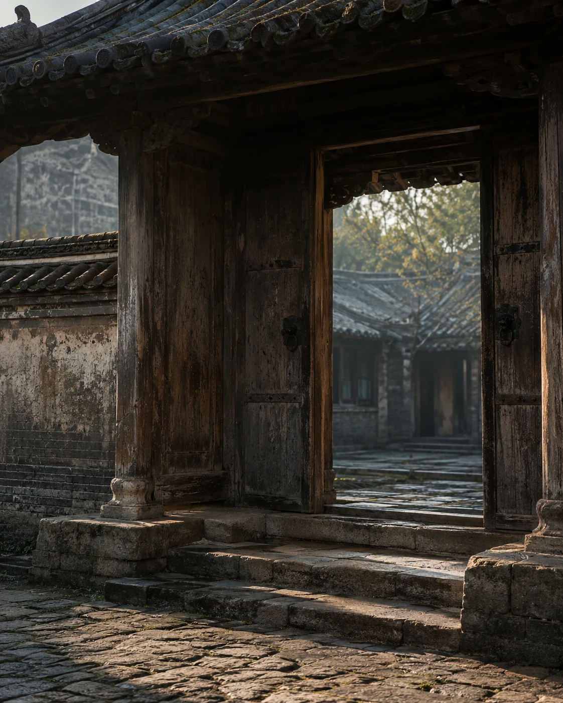清晨侧光照亮被反复踩磨的旧院门槛、木纹与石地的无人原创场景