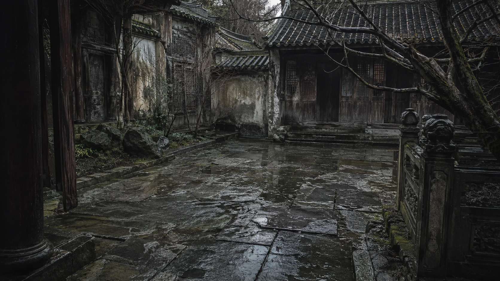 雨后无人旧院落中木、石、苔藓与积水承担叙事的原创宽景