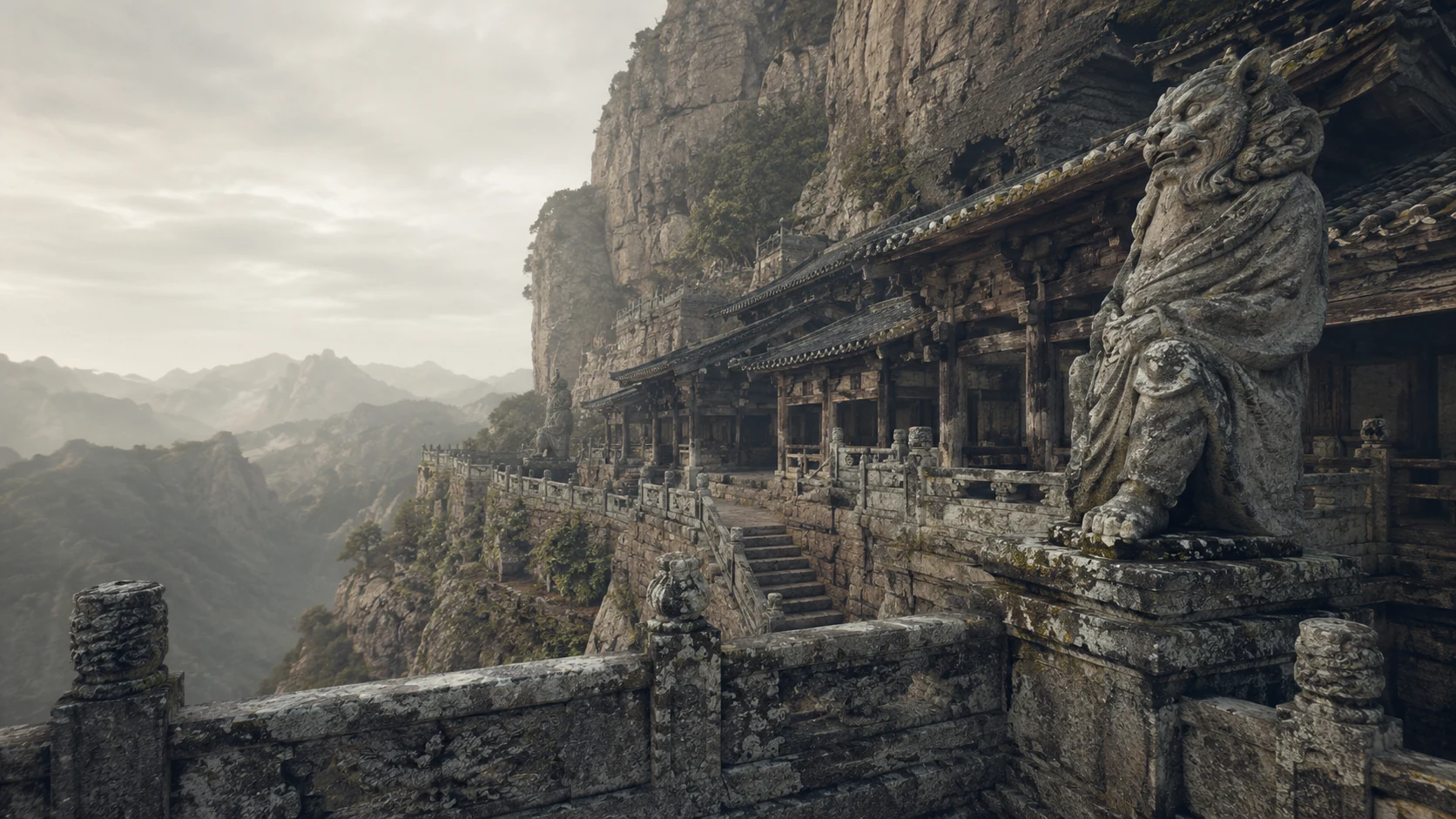 风化造像、石栏与木构形成尺度关系的无人原创极远景，不冒充钟馗场景