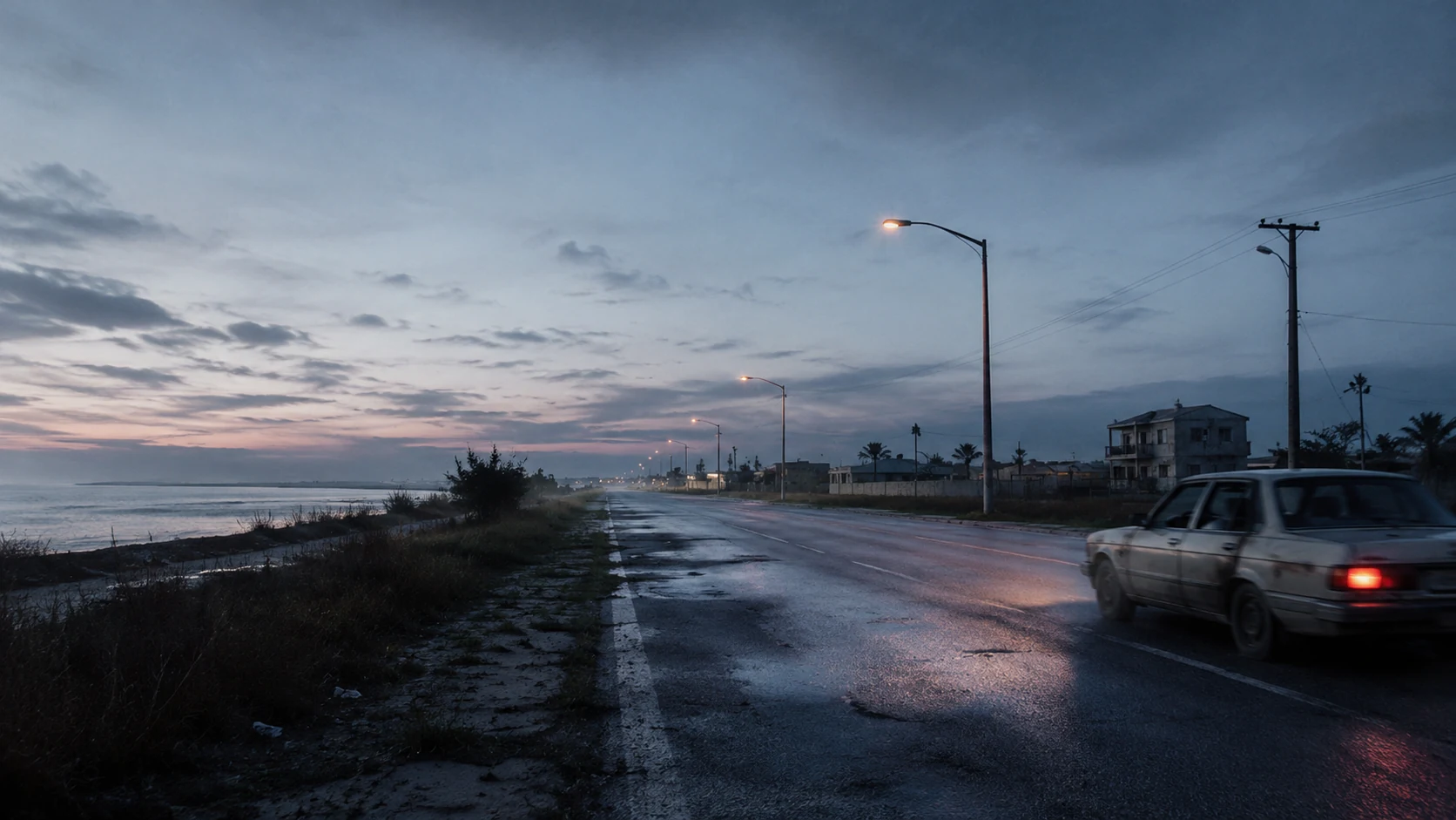 黎明盐雾中的海岸公路与驶向画外车辆的无人原创远景