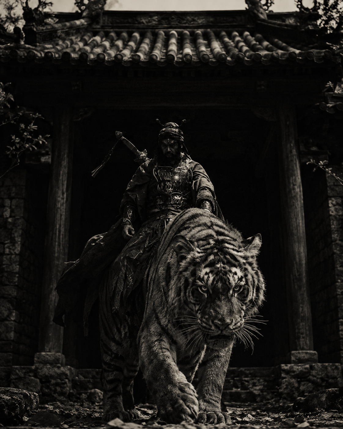 黑白古建门前钟馗挺直骑虎、人与猛虎共同逼近画面的非官方原创威严场景