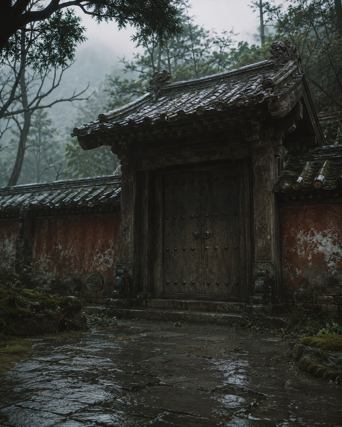 雨后无人古建院门、门钉、湿石地和苔藓原创场景
