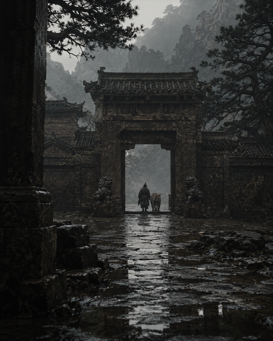 雨后古建门槛远处的钟馗与虎原创编辑摄影