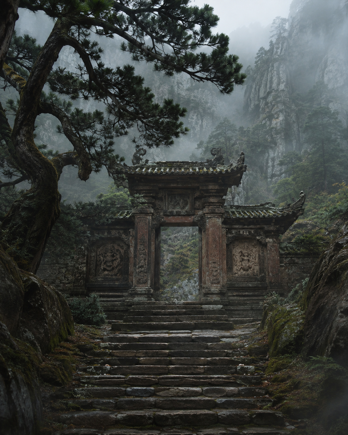 松木、山雾、石阶和风化山门的无人原创场景