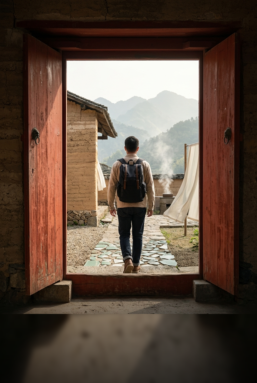 旅行者穿过朱红木门进入山村生活的中国文化海报